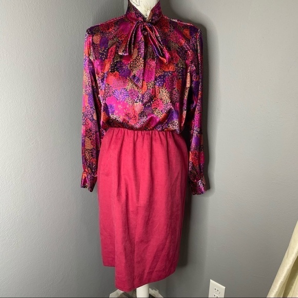 Dresses & Skirts - Vintage 80s 70s Dress Satin Purple Pink Floral 8